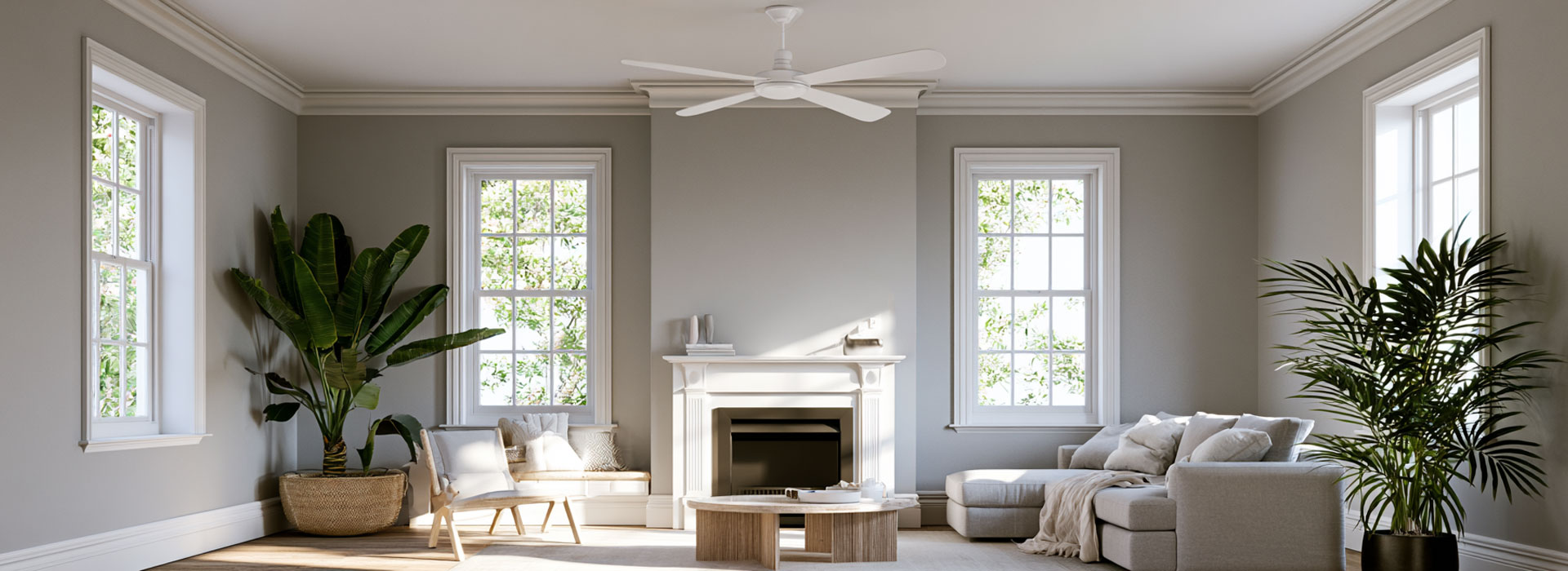 Sydney living room in a renovated Australian terrace, elegant modern ceiling fan properly installed above a calm airy interior