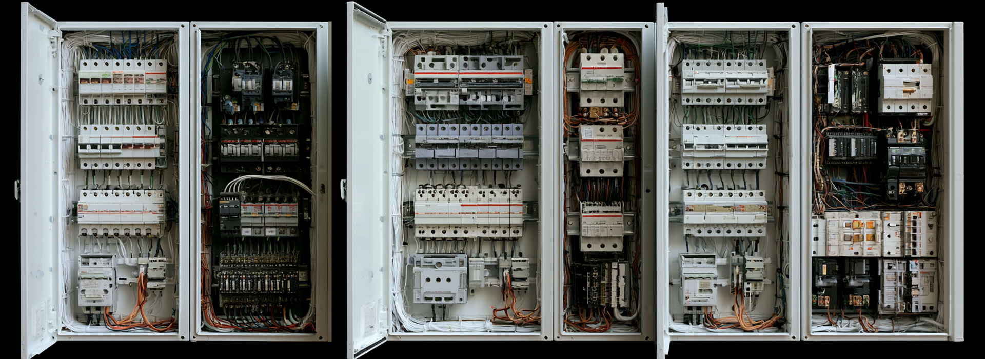 several open Australian residential switchboards of a Sydney home. Each with neat rows of DIN-rail circuit breakers and RCBO safety switches, tidy enclosed wiring
