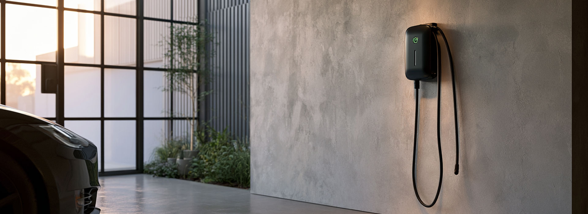 indoors wall-mounted home electrict car charger, realistic architectural photograph of a contemporary Sydney home garage at dusk, natural lighting, clean Australian residential architecture
