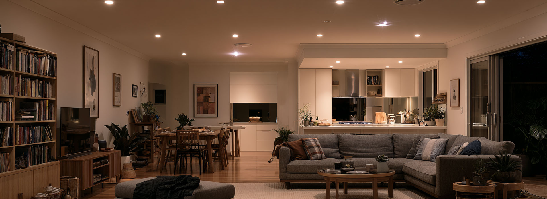 modern Sydney home in the early evening, open-plan living room and kitchen, several ceiling lights illuminated while one light subtly flickers and another remains off, natural lived-in residential setting, no people
