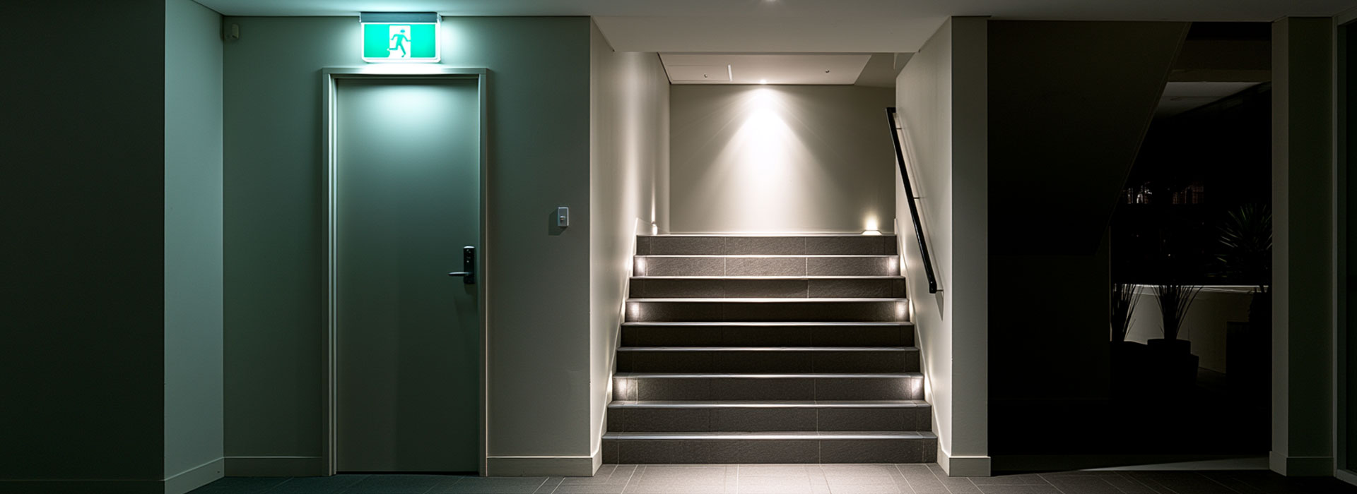 Modern Sydney apartment building corridor and stair lobby during a controlled power outage, clean contemporary Australian architecture, green-and-white running-man exit sign above a fire door, discreet emergency lights illuminating the escape path