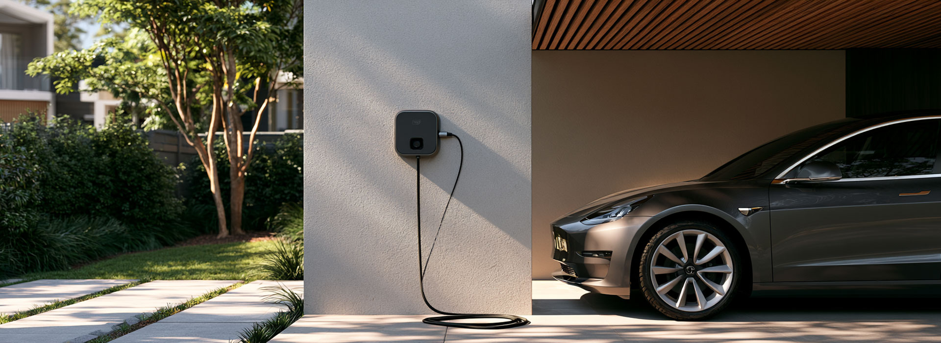 contemporary Sydney home carport, modern electric vehicle parked beside the house and connected to a compact wall-mounted home EV charger, neat charging cable, rendered masonry wall
