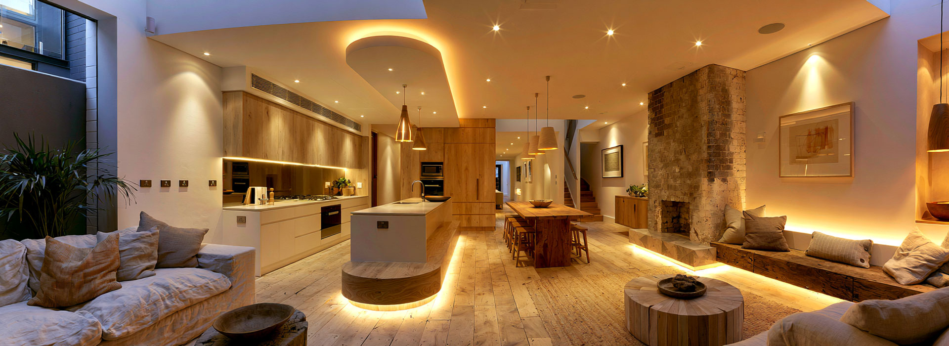 photograph of a renovated Sydney terrace interior at dusk, open-plan kitchen and living area with layered warm LED lighting, recessed downlights, subtle under-cabinet lighting, pendant lights and gentle artwork illumination