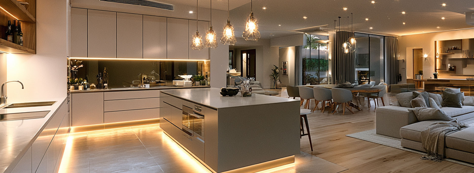 architectural interior photography of a beautifully renovated Sydney home at early evening, contemporary open-plan kitchen and living area with subtle Australian residential architecture, professionally designed layered lighting, neatly spaced warm LED downlights, elegant pendant lights above a kitchen island, discreet under-cabinet task lighting, soft ambient light in the living area, balanced natural and artificial illumination