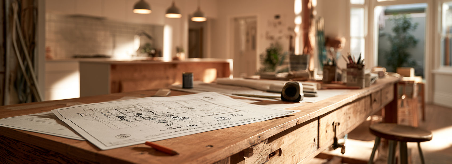Sydney home renovation in progress, architectural floor plans spread across a timber workbench with lighting, switch and power point positions marked, pencil and tape measure, unfinished contemporary kitchen renovation softly visible in the background