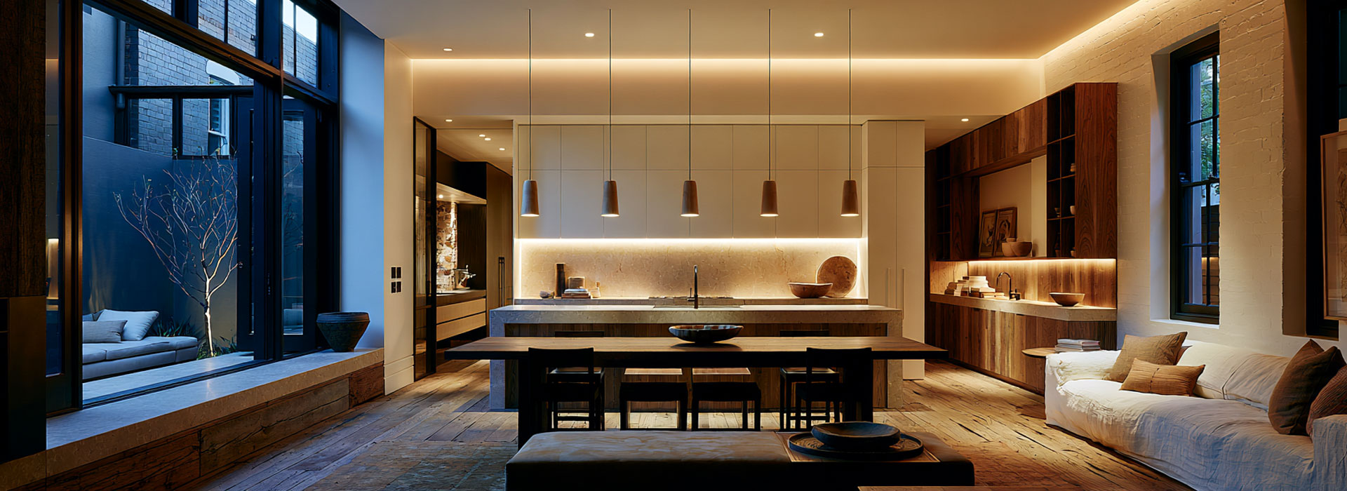 photograph of a beautifully renovated Sydney terrace interior, open-plan kitchen and living area, layered warm LED lighting, pendant lights over island