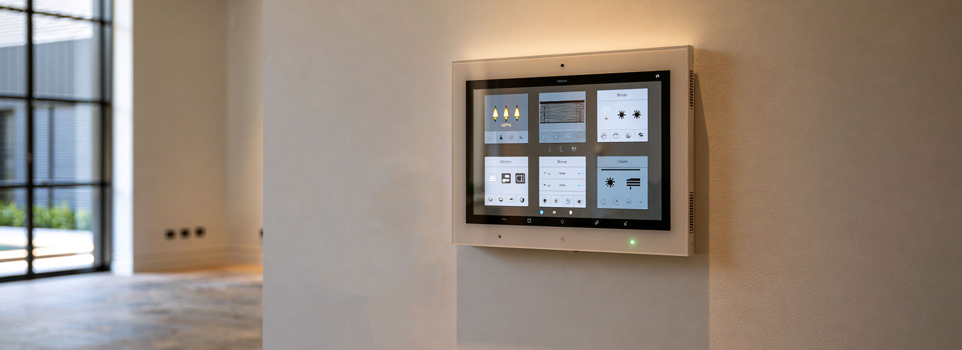 professionally installed smart home automation system, elegant wall-mounted touchscreen displaying lighting, blinds and climate controls, nearby minimalist smart switches and subtle illuminated control icons