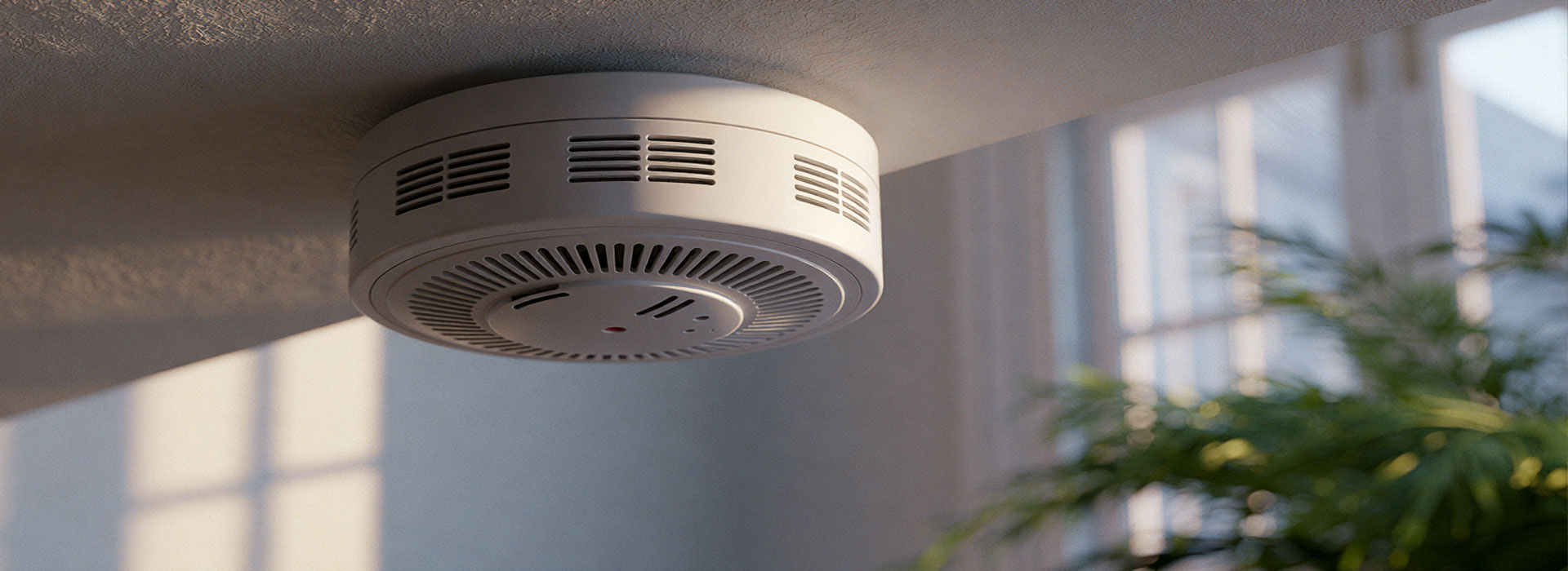 close-up of a smoke alarm being tested, mounted on the high ceiling of a Sydney terrace house, soft natural daylight