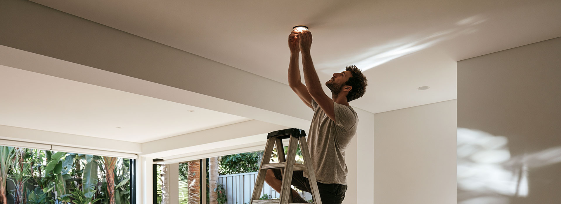 homeowner inside a contemporary Sydney home, standing safely on a sturdy step ladder replacing a simple LED light globe in a ceiling light fitting, no exposed wiring, bright natural daylight