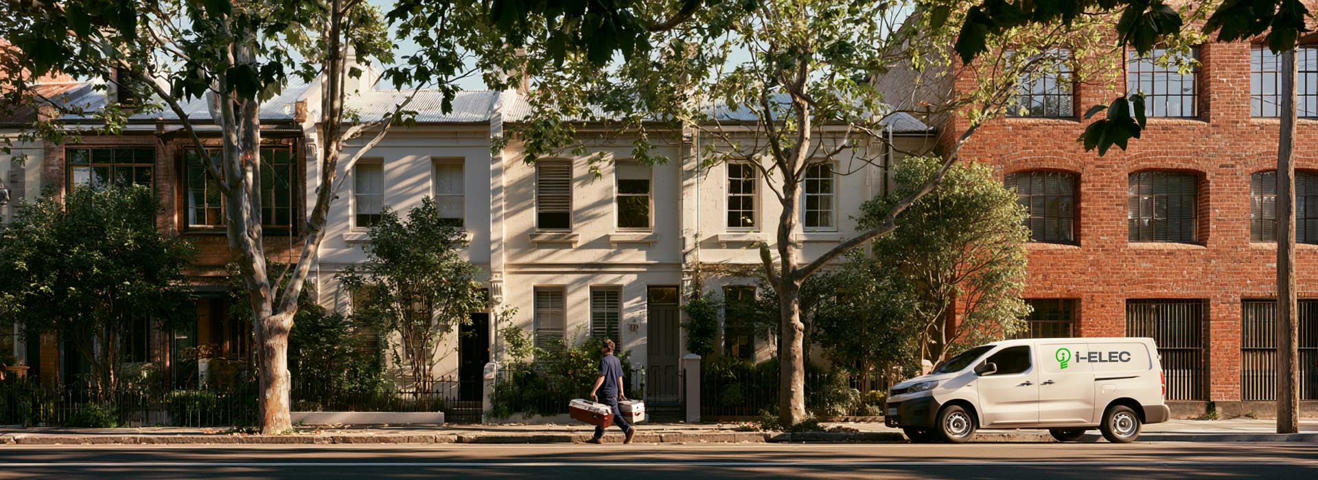 photograph of a residential street in Alexandria Sydney, renovated Victorian terrace houses beside a converted red-brick industrial warehouse, leafy street, neat Australian electrician in navy workwear carrying a toolbox towards a terrace, white work van parked at the kerb, authentic Sydney streetscape, natural daylight