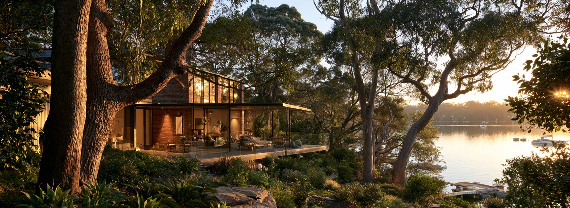 architectural photograph of a Sydney detached home in Blakehurst overlooking the Georges River, renovated brick and contemporary Australian architecture, leafy garden with mature gum trees, outdoor terrace lighting, glimpses of calm river and small boats beyond, natural afternoon light