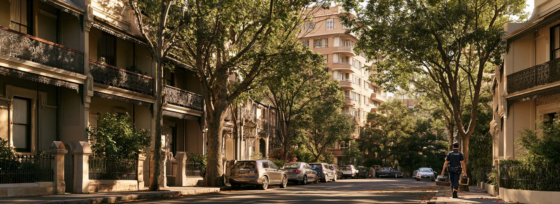 wide photograph of a leafy Darlinghurst Sydney residential street, narrow Victorian terrace houses with iron lace balconies and sandstone details, mature street trees, an Interwar apartment building in the background, parked Australian cars, i-ELEC electrician in neat navy workwear carrying a toolbox