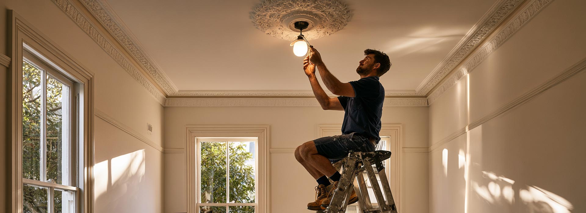 photograph inside a renovated Victorian terrace in Glebe, Sydney, ornate high plaster ceiling and ceiling rose, original timber floorboards, tall sash windows, modern warm lighting, neat Australian electrician in navy workwear installing a ceiling light on a professional step ladder