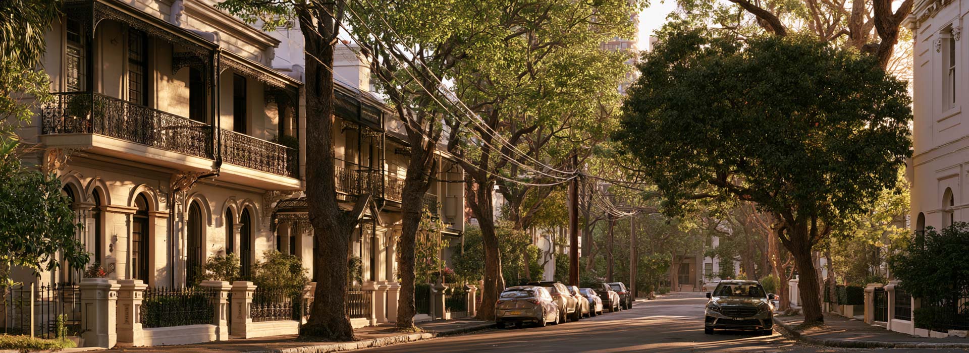 photograph of a quiet Paddington Sydney residential street, elegant restored Victorian terrace houses with cast-iron balconies, sandstone details, mature street trees, narrow footpaths, subtle overhead Australian power lines