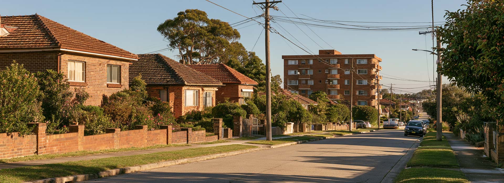 Wide street-level view of Ramsgate NSW, established full-brick Australian homes with tiled roofs and low brick fences, a low-rise brick apartment building further along the street, neat front gardens, Australian power poles and parked cars, subtle Rocky Point Road urban character in the distance
