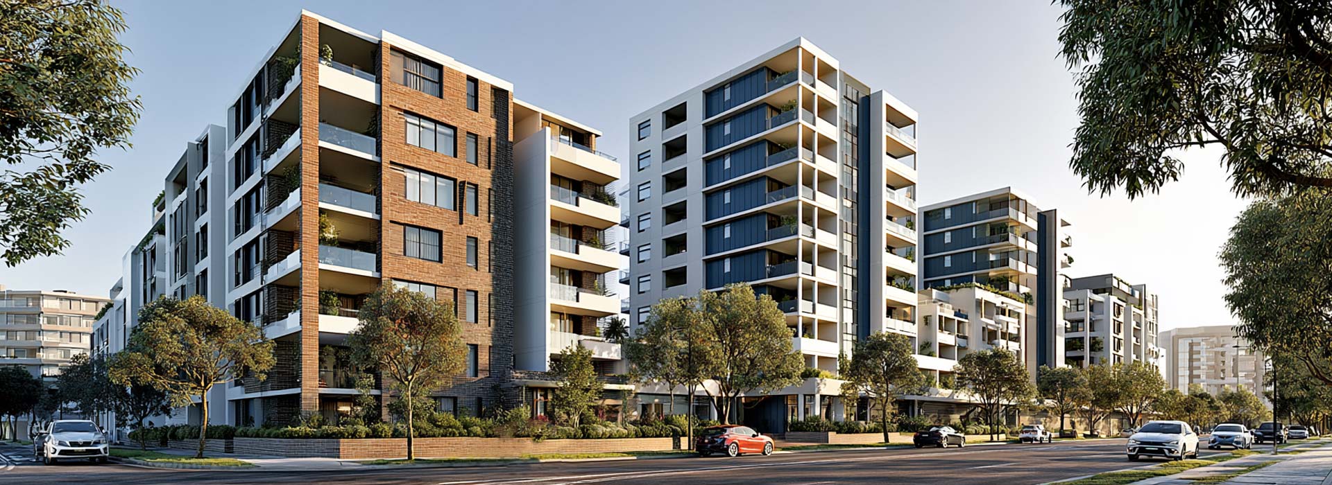 Waterloo Sydney residential scene, contemporary mid-rise apartment buildings with brick and concrete facades, balconies and landscaped frontage, wide urban street